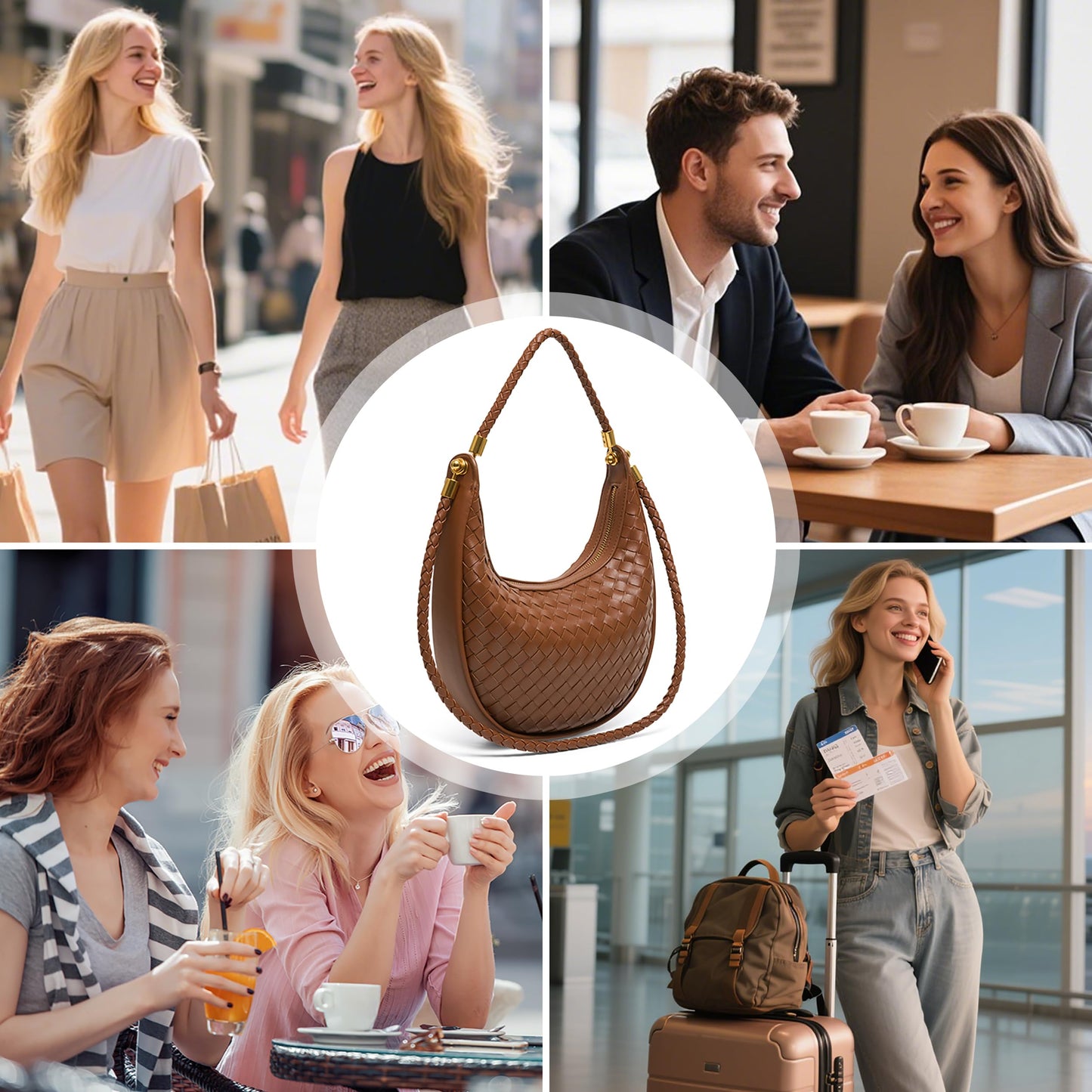 Joryin Woven Leather Crescent Shoulder Bag for Women, Saddle Purse Braided Top-Handle Handbag Under Arm Bag Woven Black