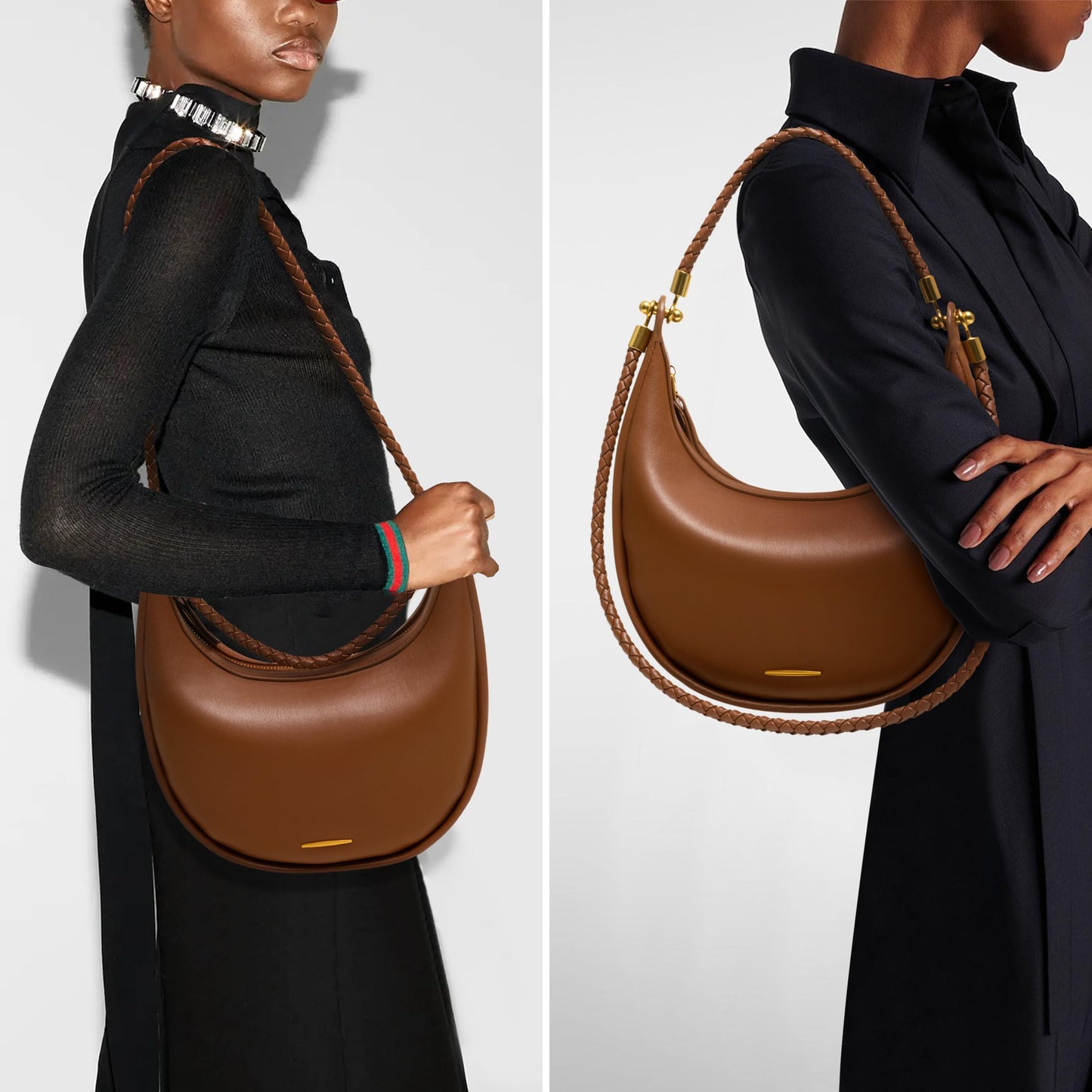 Joryin Crescent Shoulder Bag for Women, Saddle Purse Braided Top-Handle Handbag Vegan Leather Under Arm Bag Brown