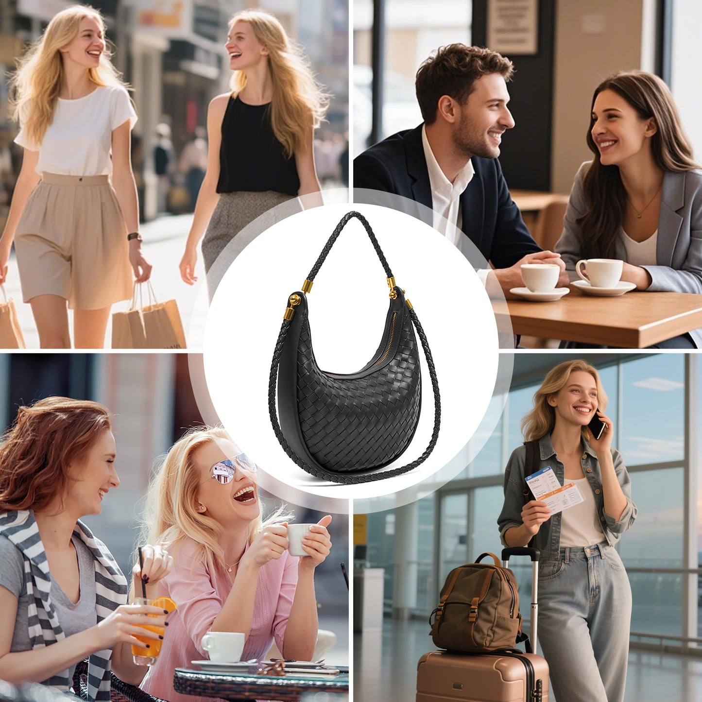 Joryin Woven Leather Crescent Shoulder Bag for Women, Saddle Purse Braided Top-Handle Handbag Under Arm Bag Woven Black