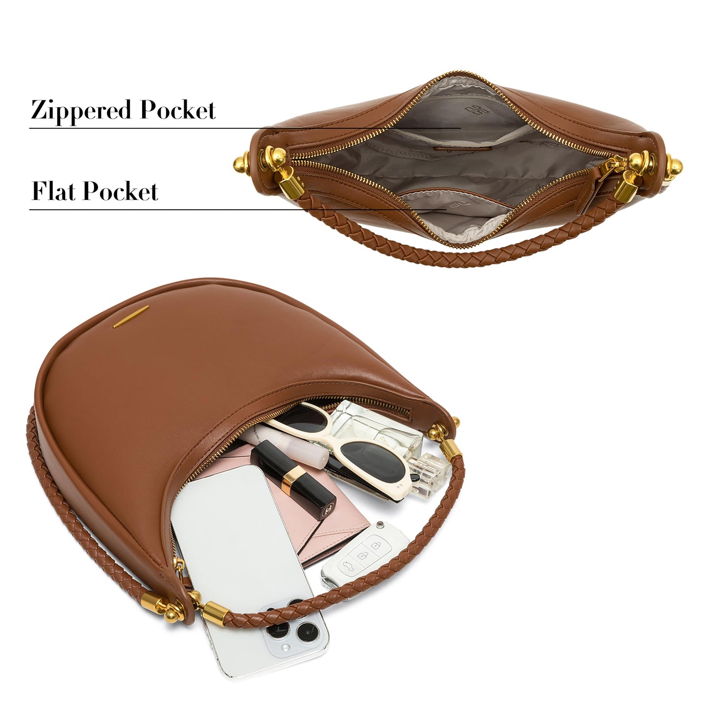 Joryin Crescent Shoulder Bag for Women, Saddle Purse Braided Top-Handle Handbag Vegan Leather Under Arm Bag Brown