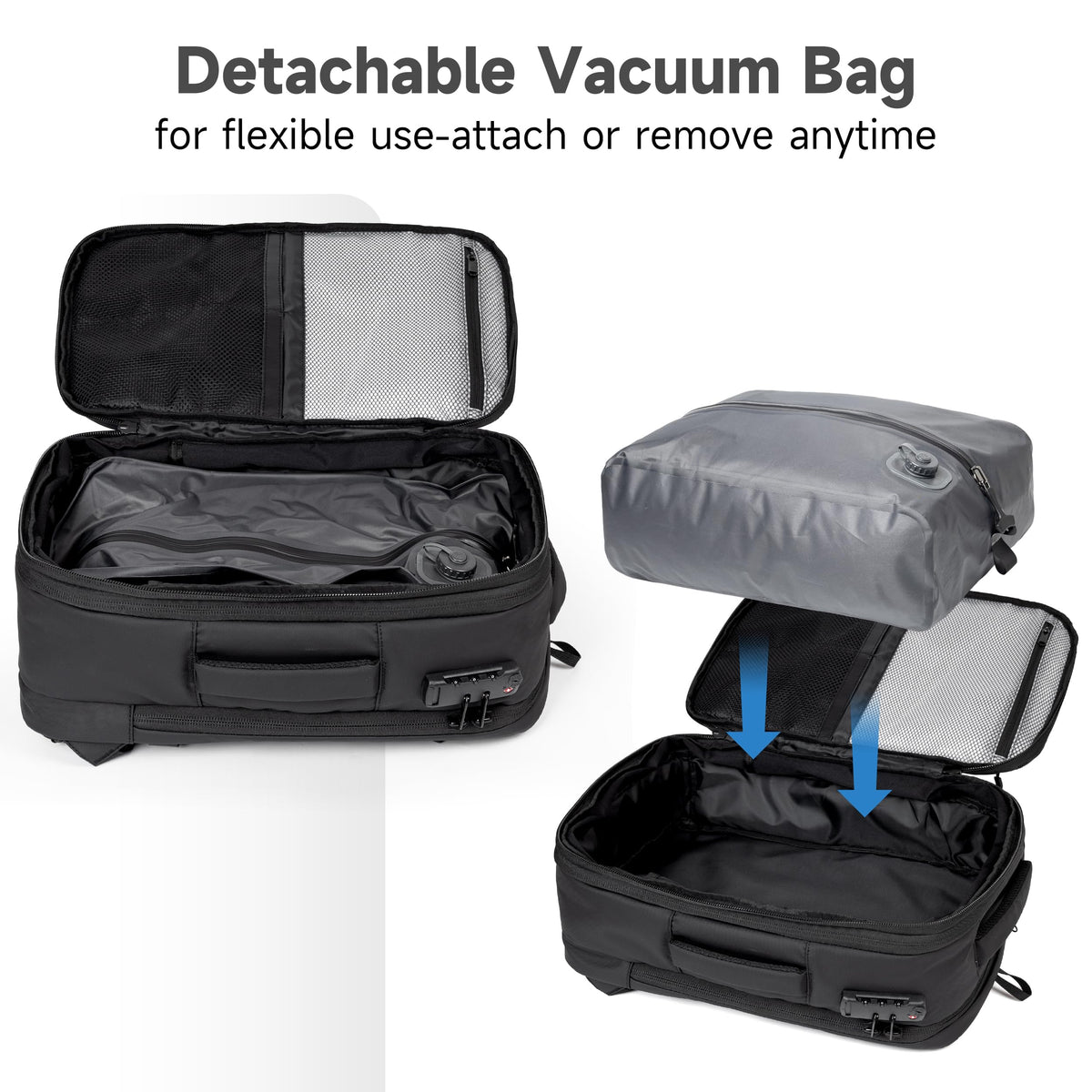 Joryin Air Vacuum Backpack for Travel with Air Pump, 75L Expandable Backpack with Detachable Vacuum Compression Bag Waterproof Carry On Travel Bag for Airline Laptop Backpack with Shoe Compartment