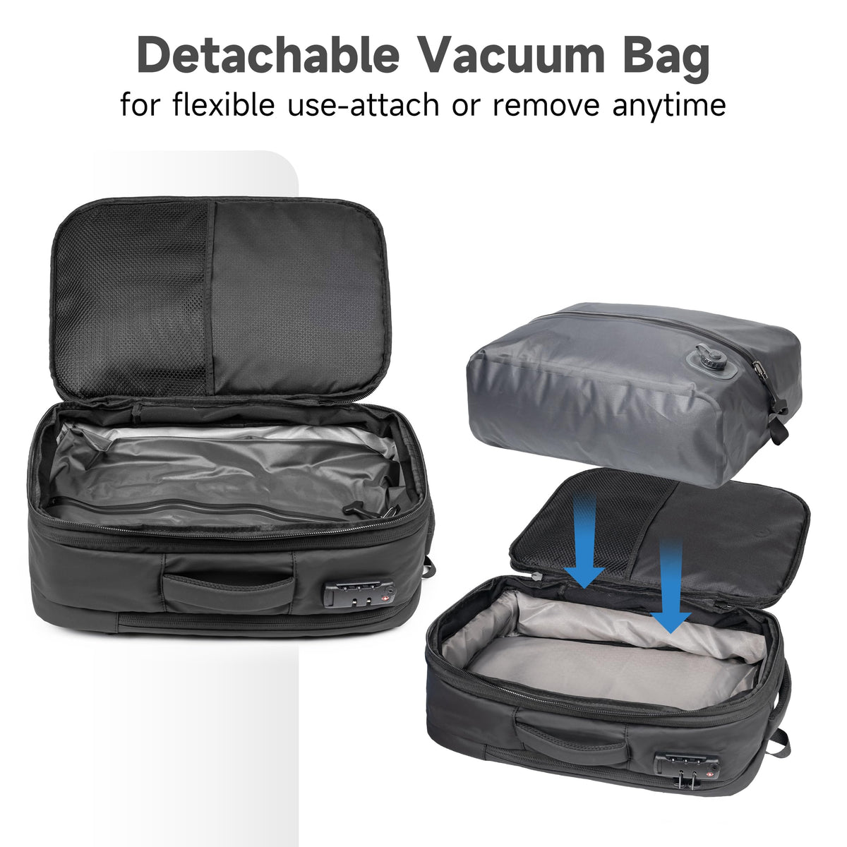 Joryin Air Vacuum Backpack for Travel with Air Pump, 75L Expandable Backpack with Detachable Vacuum Compression Bag Waterproof Carry On Travel Bag for Airline Laptop Backpack with Shoe Compartment