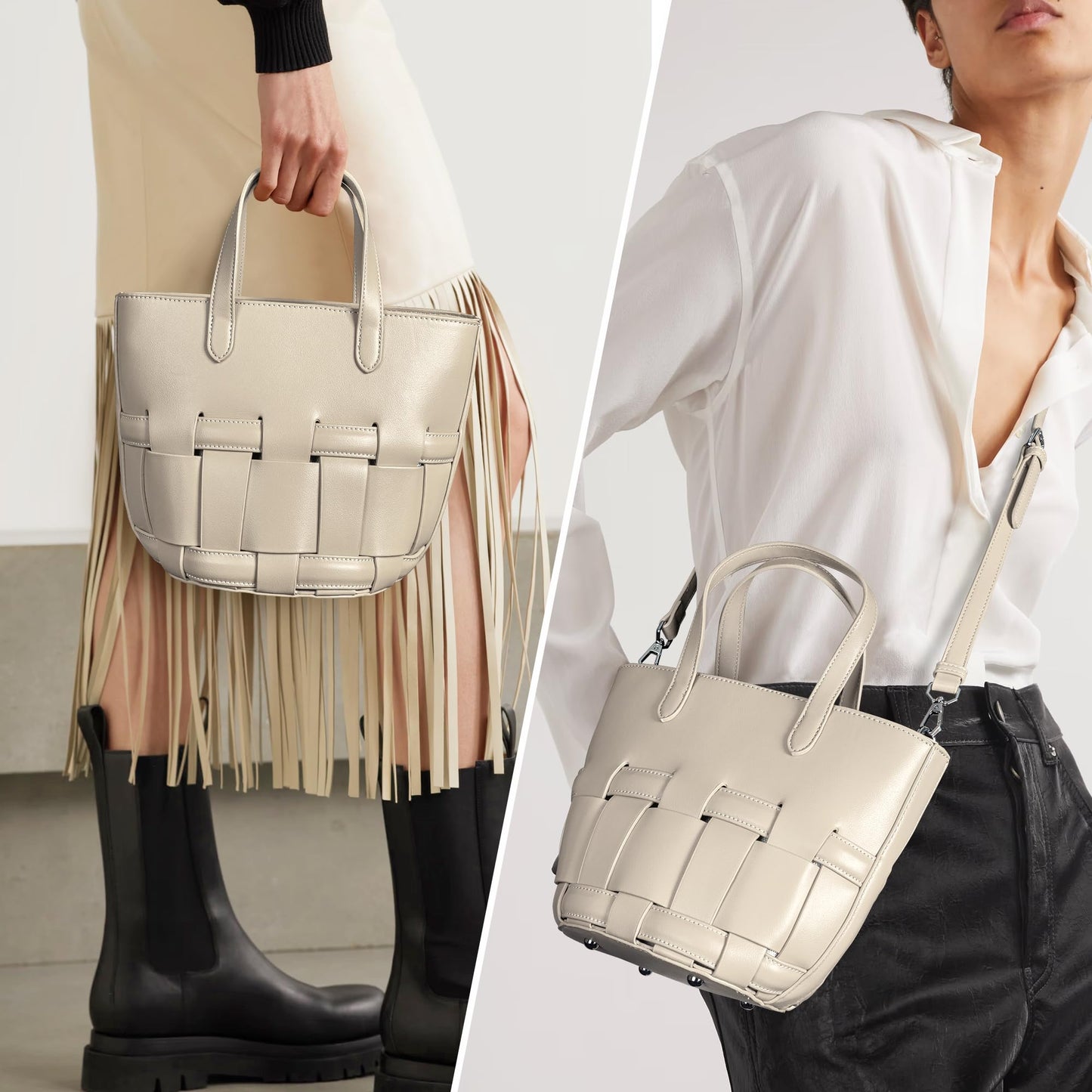 Bucket Bag with Zipper for Women, Woven Vegan Leather Bag with Liner, Crossbody Bag with Adjustable Shoulder Strap & Zipper