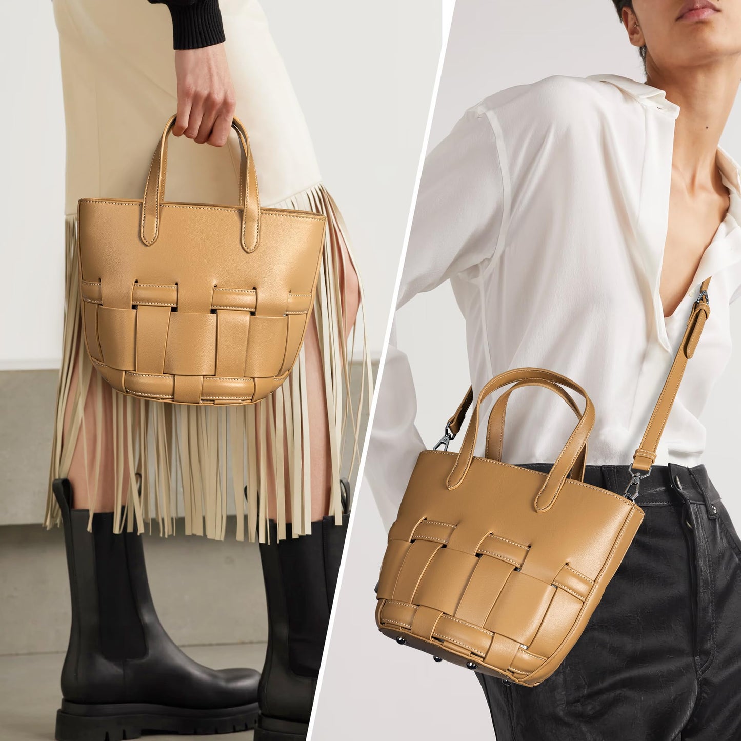 Bucket Bag with Zipper for Women, Woven Vegan Leather Bag with Liner, Crossbody Bag with Adjustable Shoulder Strap & Zipper