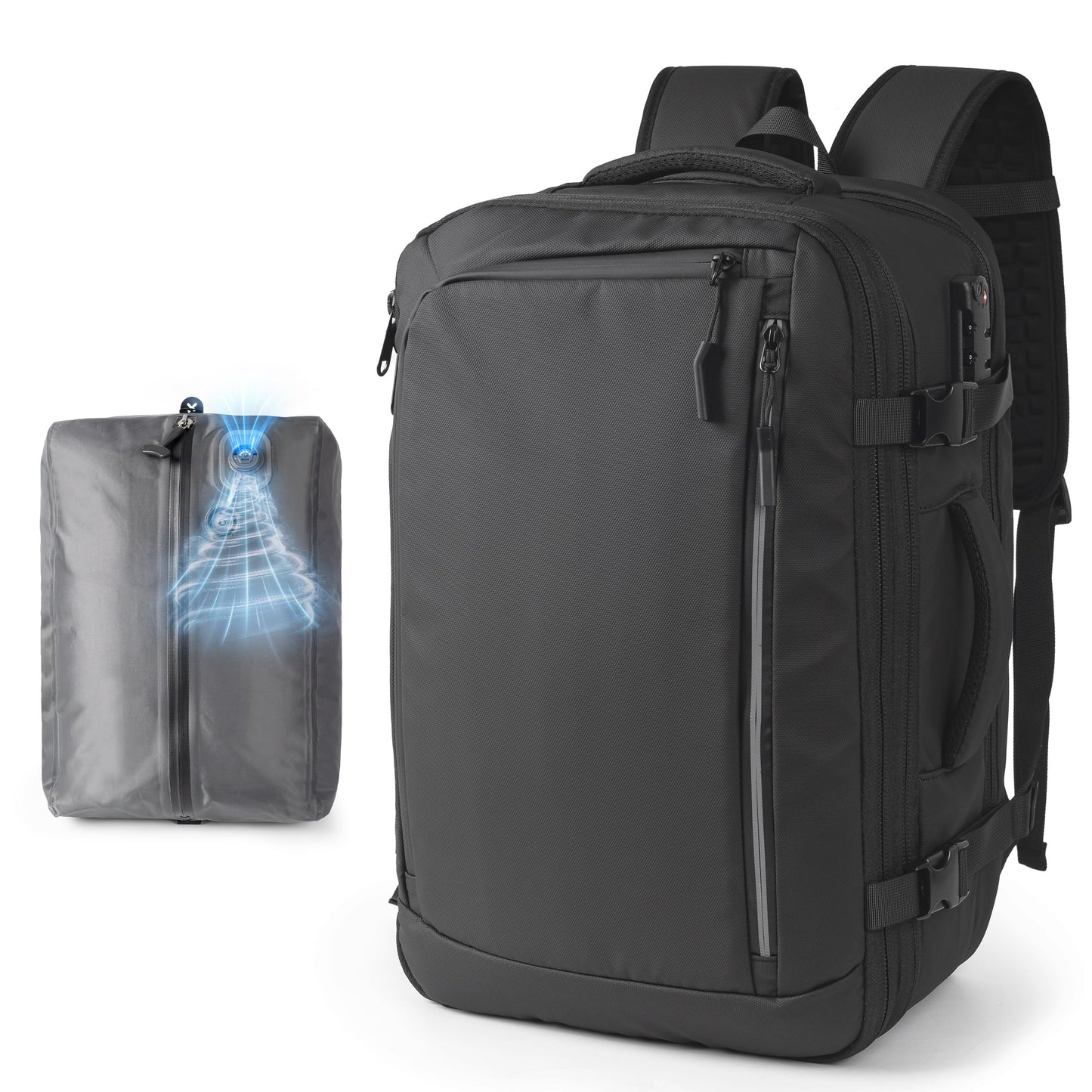 Joryin Air Vacuum Backpack for Travel with Air Pump, 75L Expandable Backpack with Detachable Vacuum Compression Bag Waterproof Carry On Travel Bag for Airline Laptop Backpack with Shoe Compartment