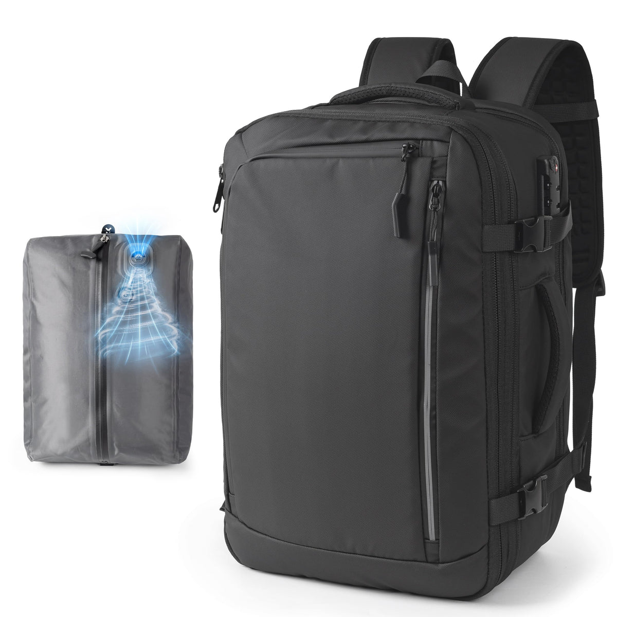 Joryin Air Vacuum Backpack for Travel with Air Pump, 75L Expandable Backpack with Detachable Vacuum Compression Bag Waterproof Carry On Travel Bag for Airline Laptop Backpack with Shoe Compartment