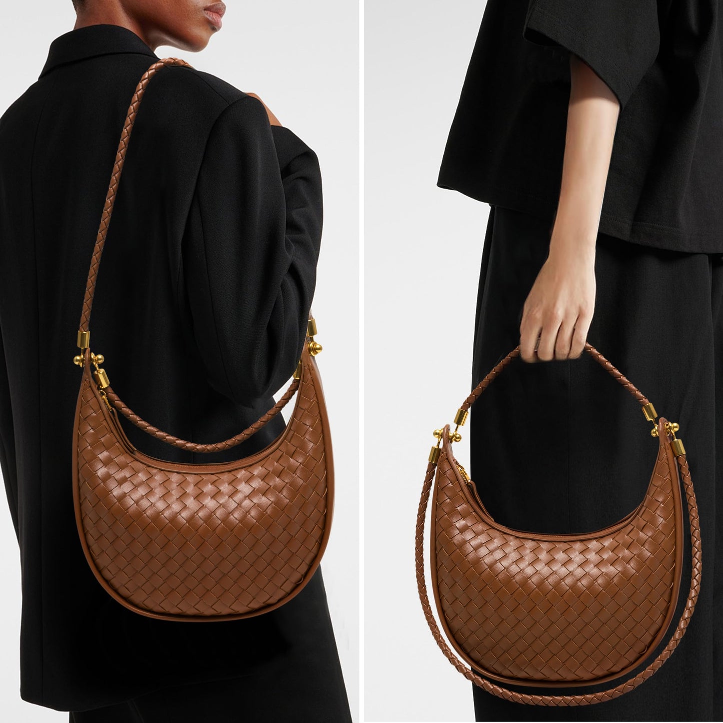 Joryin Woven Leather Crescent Shoulder Bag for Women, Saddle Purse Braided Top-Handle Handbag Under Arm Bag Woven Black