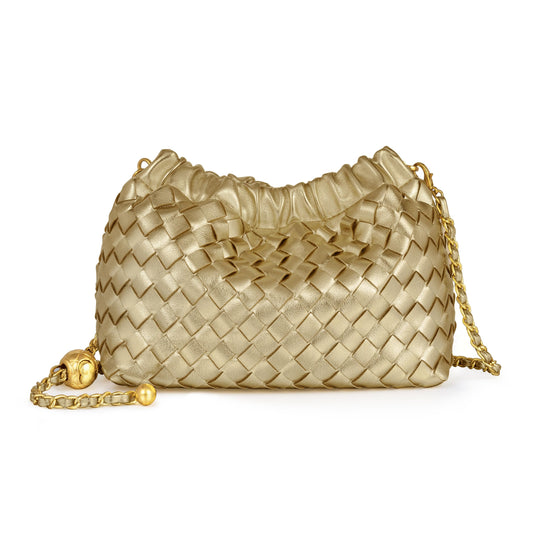 Joryin Woven Women's Crossbody Bag & Evening Purse, Trendy Dumpling Clutch & Hobo Cloud Shoulder Bag Trendy Dumpling Clutch Woven Leather-champagne Gold