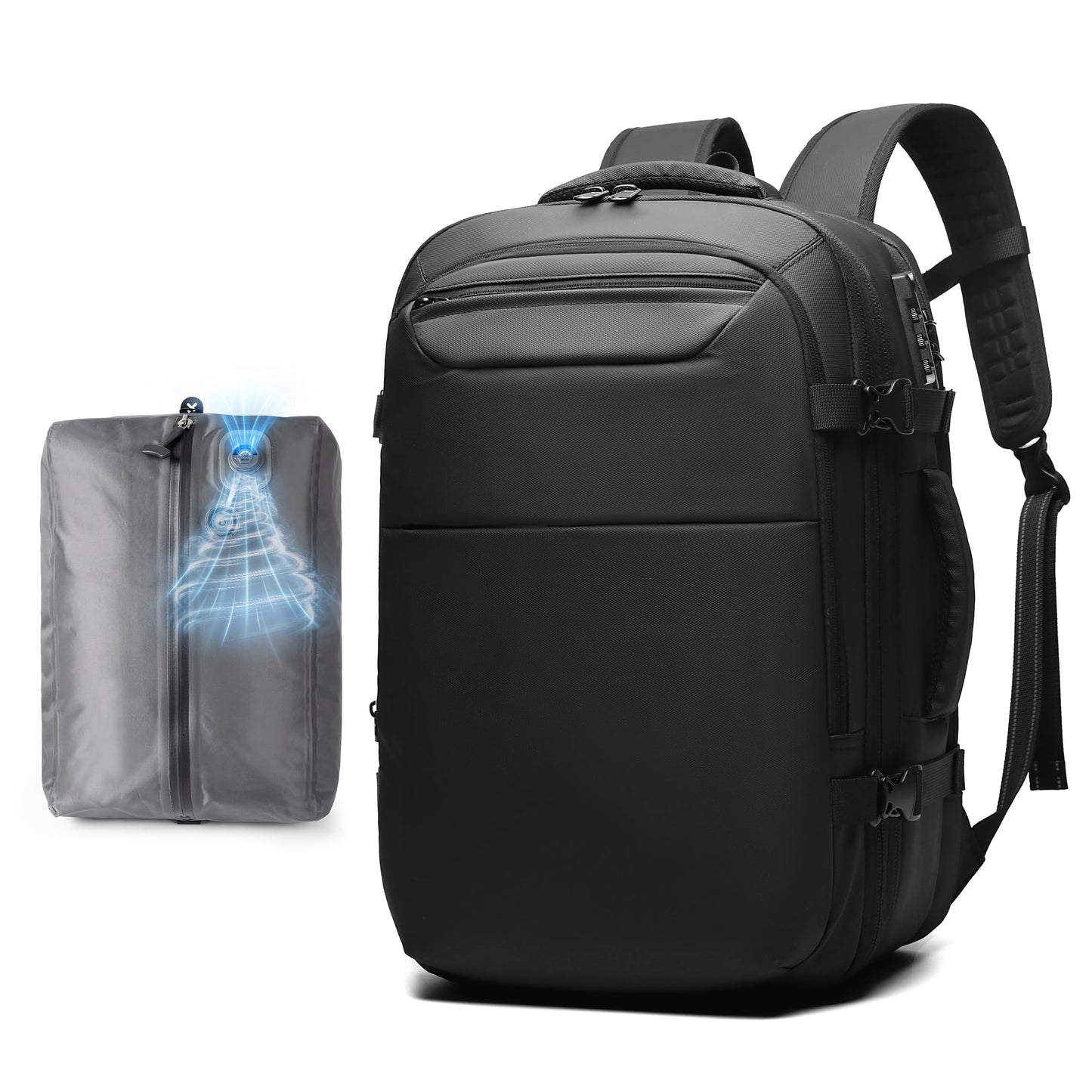 Joryin Air Vacuum Backpack for Travel with Air Pump, 75L Expandable Backpack with Detachable Vacuum Compression Bag Waterproof Carry On Travel Bag for Airline Laptop Backpack with Shoe Compartment