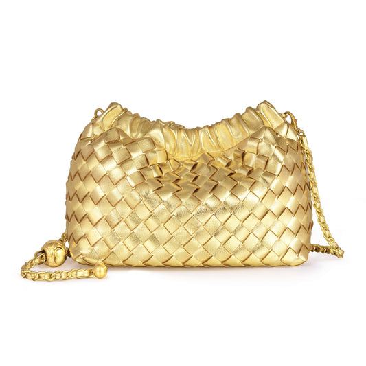 Joryin Woven Women's Crossbody Bag & Evening Purse, Trendy Dumpling Clutch & Hobo Cloud Shoulder Bag Trendy Dumpling Clutch Woven Leather-golden