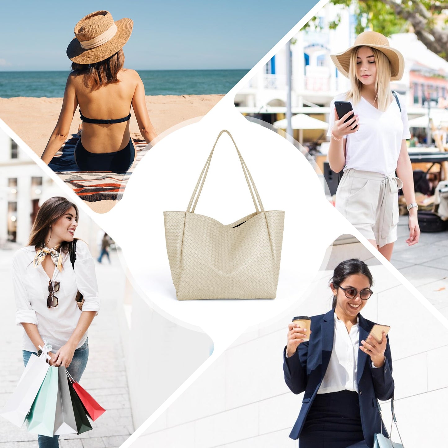 Large Woven Tote Bag for Women, Shoulder Bag Purse Black Tote Bag Soft Vegan Leather Hobo Handbag Beach Tote