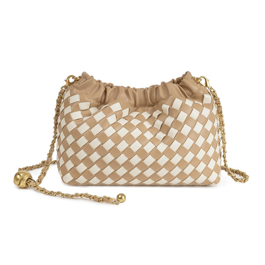 Joryin Woven Women's Crossbody Bag & Evening Purse, Trendy Dumpling Clutch & Hobo Cloud Shoulder Bag Trendy Dumpling Clutch Woven Leather-light Brown White