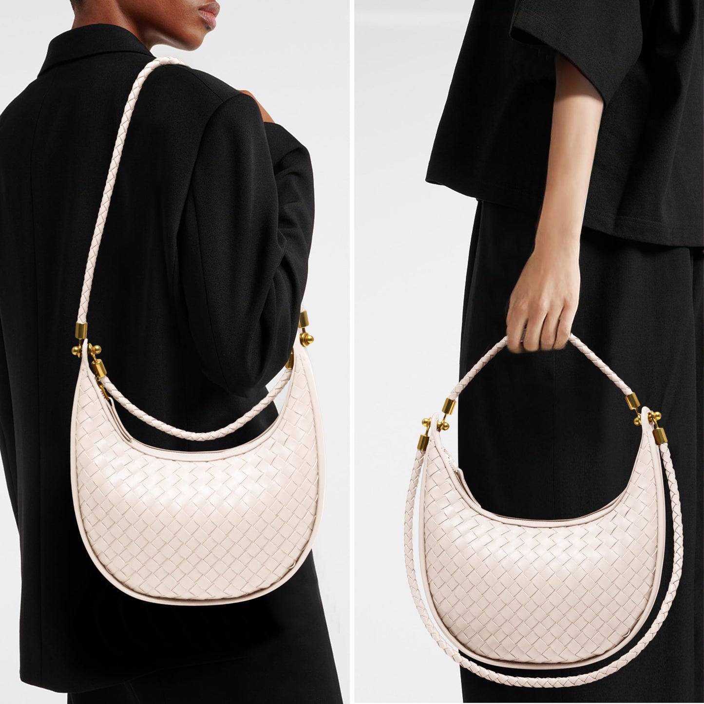 Joryin Woven Leather Crescent Shoulder Bag for Women, Saddle Purse Braided Top-Handle Handbag Under Arm Bag Woven Black