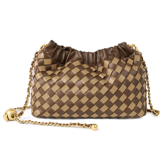 Joryin Woven Women's Crossbody Bag & Evening Purse, Trendy Dumpling Clutch & Hobo Cloud Shoulder Bag Trendy Dumpling Clutch Woven Leather-dark Light Brown
