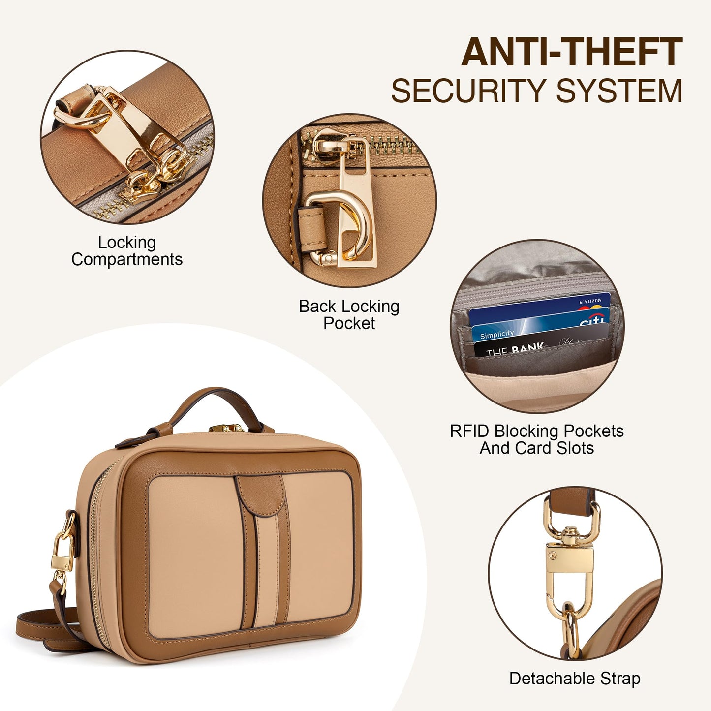 Anti Theft Crossbody Bag for Women Trendy, Rfid Blocking Crossbody Purse Travel Bag Top Handle Small Shoulder Handbag Brown Peach