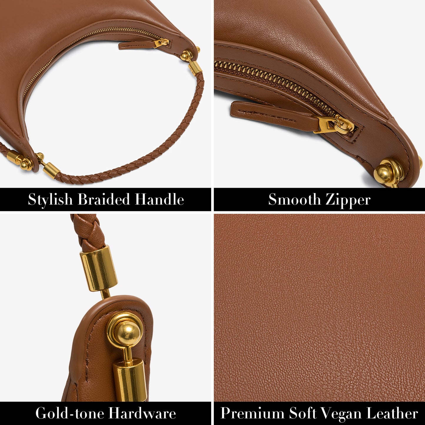 Joryin Crescent Shoulder Bag for Women, Saddle Purse Braided Top-Handle Handbag Vegan Leather Under Arm Bag Brown