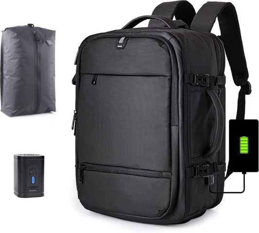 Joryin Air Vacuum Backpack for Travel with Air Pump, 75L Expandable Backpack with Detachable Vacuum Compression Bag Waterproof Carry On Travel Bag for Airline Laptop Backpack with Shoe Compartment