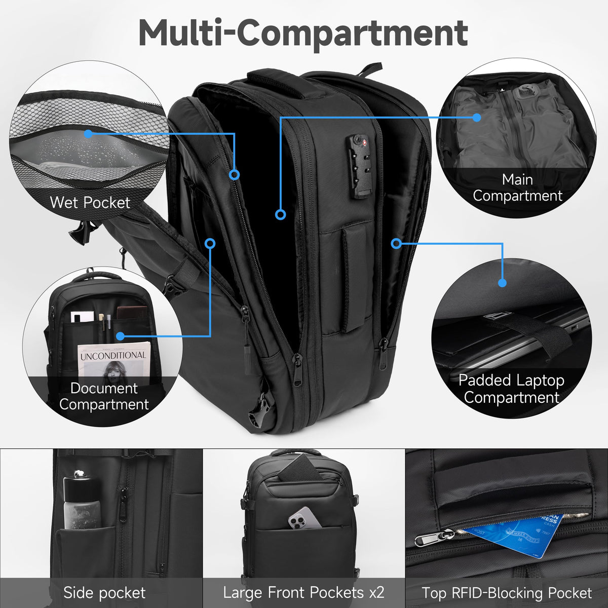 Joryin Air Vacuum Backpack for Travel with Air Pump, 75L Expandable Backpack with Detachable Vacuum Compression Bag Waterproof Carry On Travel Bag for Airline Laptop Backpack with Shoe Compartment