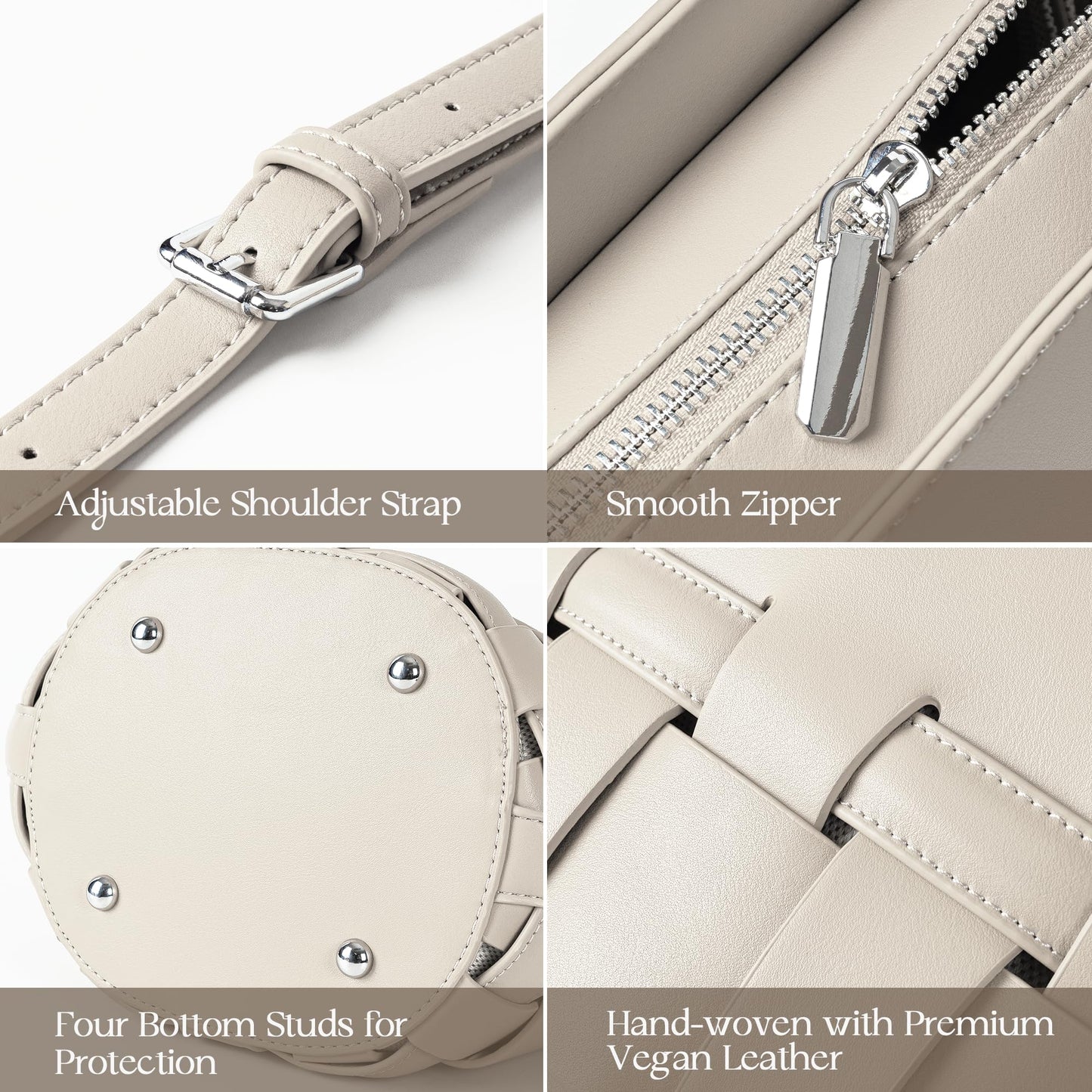 Bucket Bag with Zipper for Women, Woven Vegan Leather Bag with Liner, Crossbody Bag with Adjustable Shoulder Strap & Zipper
