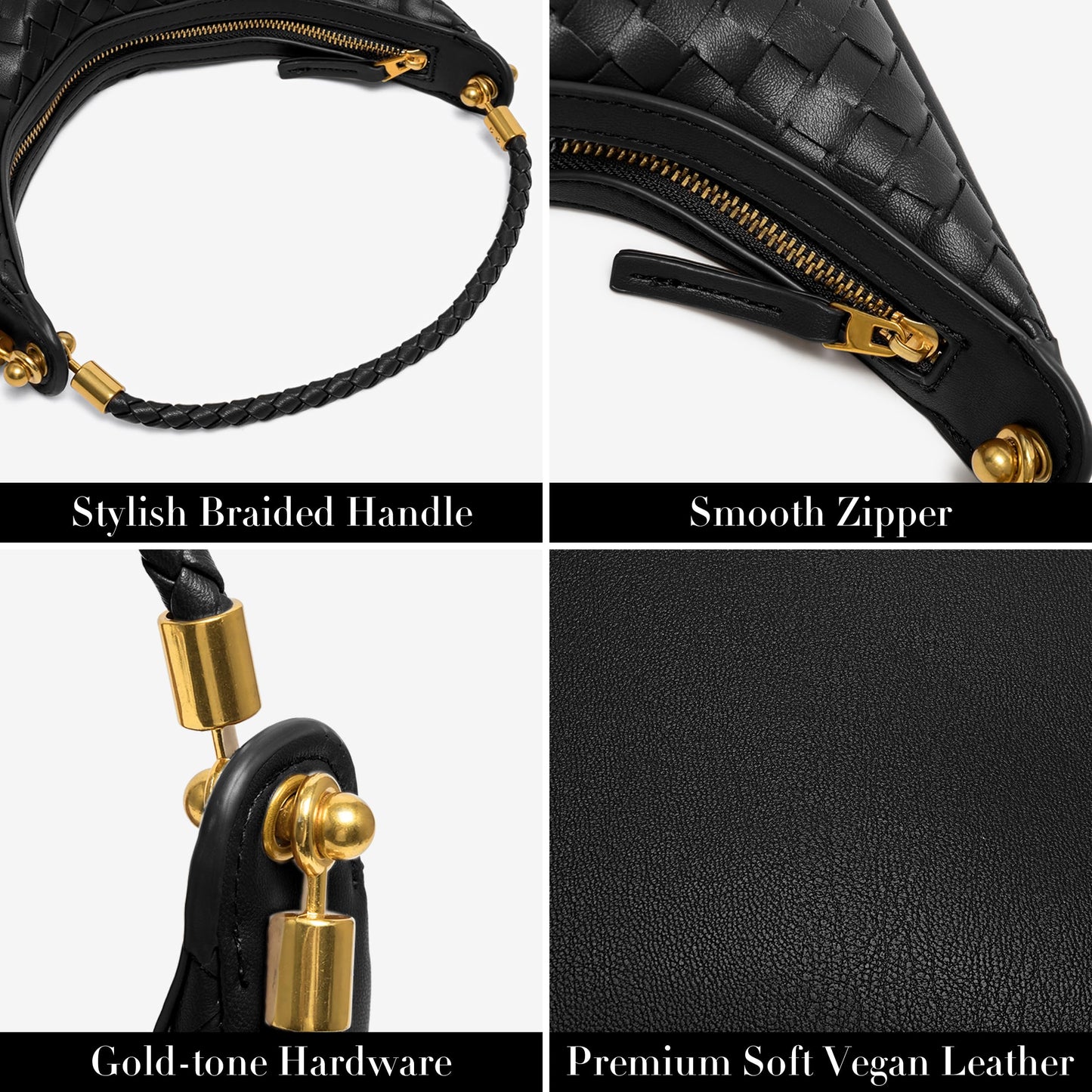 Joryin Woven Leather Crescent Shoulder Bag for Women, Saddle Purse Braided Top-Handle Handbag Under Arm Bag Woven Black