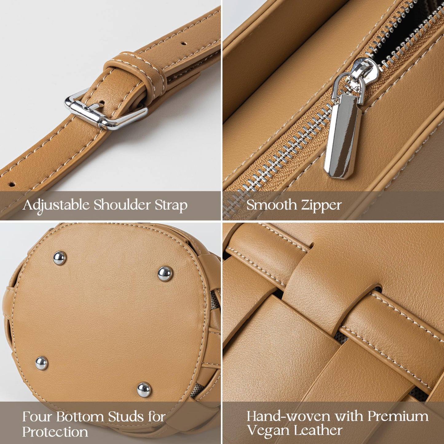 Bucket Bag with Zipper for Women, Woven Vegan Leather Bag with Liner, Crossbody Bag with Adjustable Shoulder Strap & Zipper