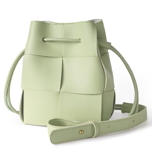 Woven Crossbody Bags for Women, Handmade Woven Leather Bucket Bag Hobo Bags for Women. Small Bucket Purse Shoulder Bag Handbag Clutch, Magnetic Snap Closures