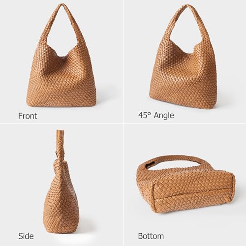Joryin Woven Tote Bag with Purse for Women, Vegan Leather Hand Woven Shoulder Top-handle Bag, Fashion Handmade Beach Travel Knotted Woven Handbag, Brown