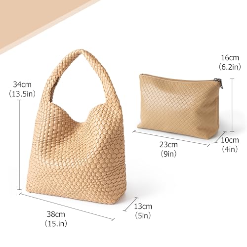 Joryin Woven Tote Bag with Purse for Women, Vegan Leather Hand Woven Shoulder Top-handle Bag, Fashion Handmade Beach Travel Knotted Woven Handbag, Apricot
