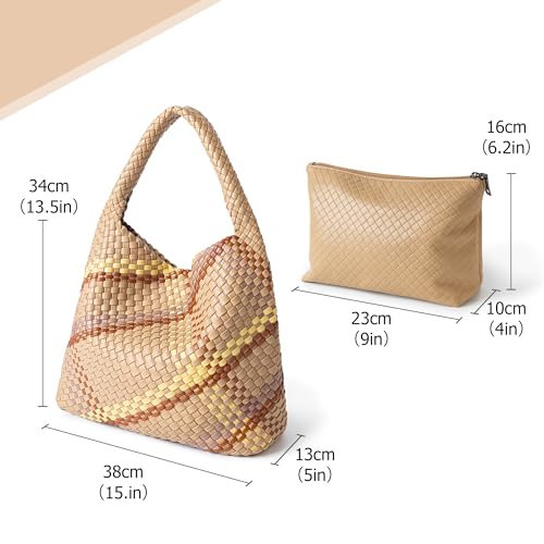 Joryin Woven Tote Bag with Purse for Women, Vegan Leather Hand Woven Shoulder Top-handle Bag, Fashion Handmade Beach Travel Knotted Woven Handbag, Retro Mixed