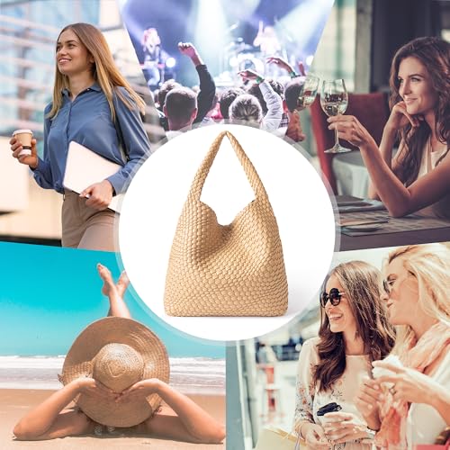 Joryin Woven Tote Bag with Purse for Women, Vegan Leather Hand Woven Shoulder Top-handle Bag, Fashion Handmade Beach Travel Knotted Woven Handbag, Apricot