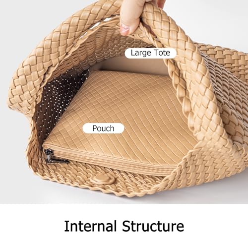 Joryin Woven Tote Bag with Purse for Women, Vegan Leather Hand Woven Shoulder Top-handle Bag, Fashion Handmade Beach Travel Knotted Woven Handbag, Apricot